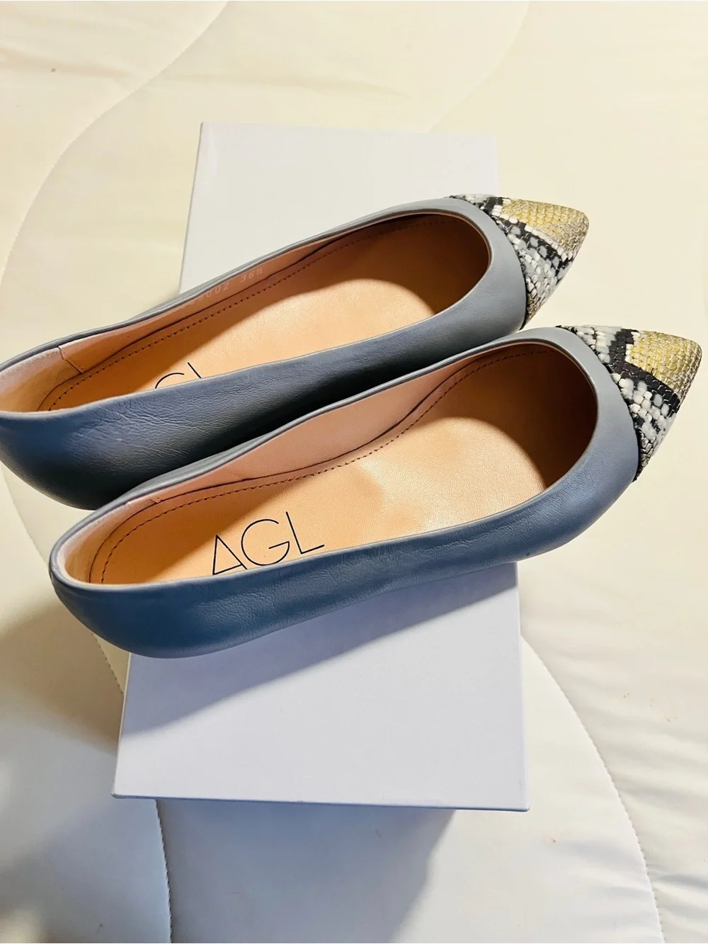NIB AGL Mila Ballet Pointed Toe Flats with Snakeskin Accent - Size 36.5/6.5US